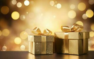Noël et Nouveau année Contexte - cadeau des boites avec d'or ruban arc étiquette ver flou bokeh lumières. clignotant vacances Contexte. copie espace. ai génératif photo