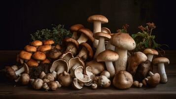 variété de non cuit sauvage forêt champignons Jaune bolet, bouleau champignons, russules plus de foncé texturé Contexte. rustique style, Naturel journée lumière. génératif ai photo