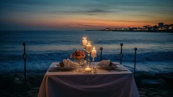 romantique le coucher du soleil dîner sur le plage. des lunettes de Champagne les boissons dans une restaurant avec mer voir. été aimer, ai génératif photo