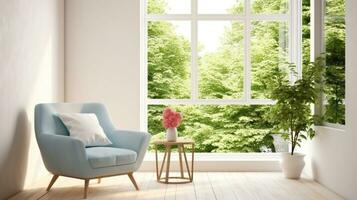 élégant pièce dans blanc Couleur avec fauteuil et vert paysage dans la fenêtre. scandinave intérieur conception. génératif ai photo