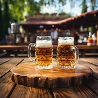 oktoberfest Bière verre sur en bois table proche en haut été festivals photo