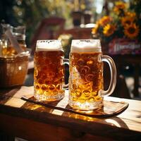 oktoberfest Bière verre sur en bois table proche en haut été festivals photo
