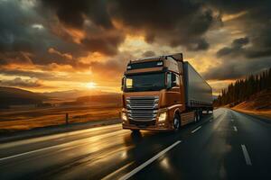 un camion conduite sur asphalte route dans rural paysage à lever du soleil. de face vue de livraison un camion fonctionnement sur route avec le coucher du soleil. vite livraison, cargaison logistique et livraison concept. génératif ai photo