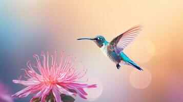 minimaliste Capturer de une colibri en plein vol sirotant nectar de un exotique fleur ai génératif photo