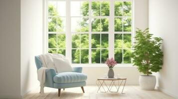 scandinave intérieur conception. élégant pièce dans blanc Couleur avec fauteuil et vert paysage dans la fenêtre. génératif ai photo