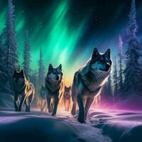 surréaliste image de une pack de loups dans une hiver pays des merveilles en dessous de le dansant nord lumières ai génératif photo
