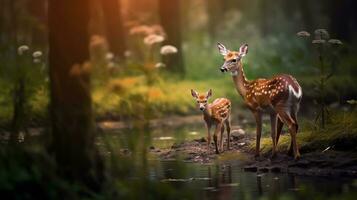 bébé cerf en marchant avec le mère dans le bois, dans le style de photo-réaliste paysages, génératif ai photo