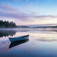 paisible Aube plus de une calme Lac avec une solitaire aviron bateau dans le distance ai génératif photo