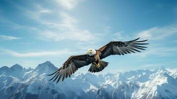 majestueux Aigle planant au dessus une parfait, enneigé Montagne intervalle en dessous de une bleu ciel ai génératif photo