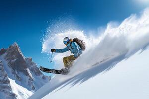 le neigeux lancement - une du skieur saut de adrénaline et aventure ai génératif photo