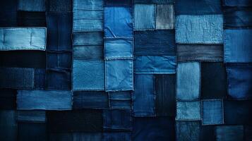 Créatif patchwork de denim textures dans divers nuances de bleu, idéal pour centré sur la jeunesse mode annonces ai génératif photo