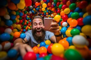 joie déchaîné - homme jongle travail appels dans enfantin Balle fosse jouer ai génératif photo