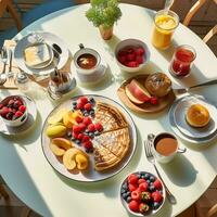 aérien vue de communautaire petit déjeuner scène, mise en évidence partagé repas dans Matin lumière du soleil ai génératif photo