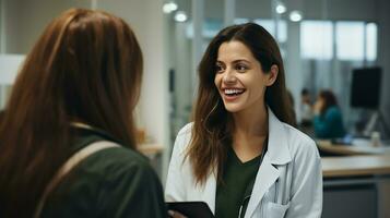 femelle médecin avec presse-papiers parlant à souriant femme patient discuter quelque chose à hôpital. médicament et soins de santé concepts. génératif ai photo