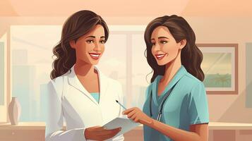 femelle médecin avec presse-papiers parlant à souriant femme patient à hôpital. génératif ai photo