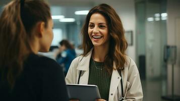 femelle médecin avec presse-papiers parlant à souriant femme patient discuter quelque chose à hôpital. médicament et soins de santé concepts. génératif ai photo