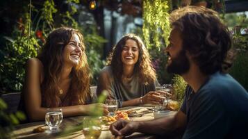 groupe de copains en riant et profiter dîner à Extérieur restaurant pendant été. génératif ai photo