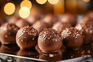luxueux Lait Chocolat truffes sur brillant brillant surface avec bokeh effet ai génératif photo