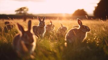 une famille de sauvage lapins profiter le heure d'or vue dans une herbeux champ ai génératif photo