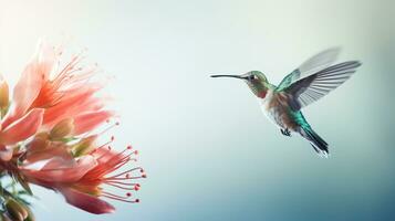 minimaliste Capturer de une colibri en plein vol sirotant nectar de un exotique fleur ai génératif photo