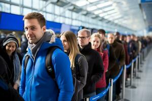 les passagers faire la queue en haut dans un ordonné mode avant embarquement photo