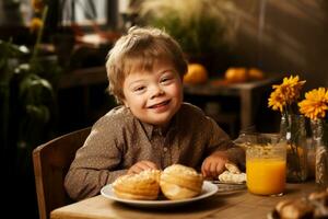 les enfants avec vers le bas syndrome manger photo