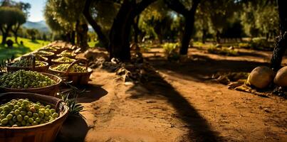traditionnel paniers rempli avec fraîchement choisi Olives dans une Soleil trempé toscane champ photo
