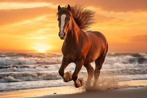 dynamique image de une cheval galopant à travers une sablonneux plage contre une étourdissant le coucher du soleil ai génératif photo