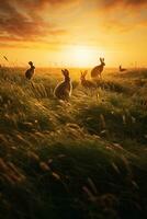 une famille de sauvage lapins profiter le heure d'or vue dans une herbeux champ ai génératif photo