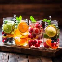 branché assortiment de désintoxication fruit l'eau dans vibrant le maçon pots sur une rustique en bois dessus de la table ai génératif photo