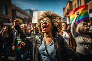 essence de social activisme avec non recadrée manifestants marcher pour noir vies matière et lgbtq droits ai génératif photo