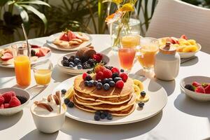 attrayant communautaire petit déjeuner paramètre, photographié de au-dessus de, éclairant le joie de partage repas dans le Matin lumière ai génératif photo