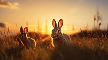 une famille de sauvage lapins profiter le heure d'or vue dans une herbeux champ ai génératif photo