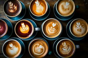 aérien vue de divers café tasses sur une comptoir, doux Naturel éclairage, concentrer empilé, vif couleurs. ai généré. photo