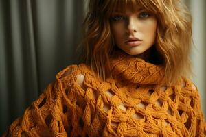 une modèle portant une à la mode, luxe et élégance énorme à la mode crochet chandail robe, tricoté de gros ocre fil. ai généré. photo