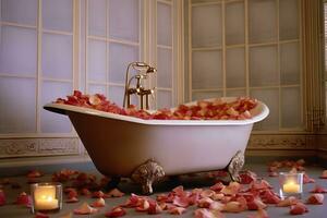 baignoire rempli avec Rose pétales et bougies dans le intérieur de le spa chambre. génératif ai illustration. photo