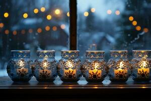 une rangée de vacillant bougies sur une fenêtre seuil, moulage une chaud lueur dans le frais nuit. ai généré. photo