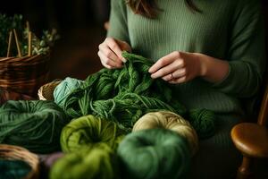 une femme dans une vert chandail est assis à une table en portant une écharpe tricoté de vert fil. ai généré. photo