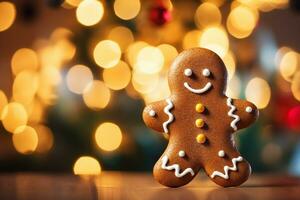 une pain d'épice homme Noël ornement, fabriqué de une de couleur marron pâte et est décoré avec glaçage, séance sur une table dans de face de une Noël arbre. ai généré. photo