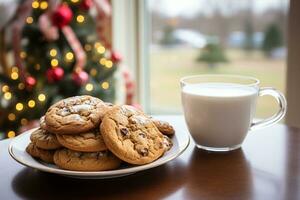 une assiette de délicieux Chocolat puce biscuits et une tasse de Lait par une cheminée et une Noël arbre dans le Contexte. ai généré. photo