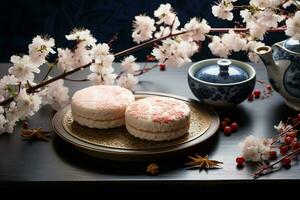 Haut vers le bas vue de une traditionnel Japonais wagashi dessert - sakuramochi avec une Cerise fleur motif, sur une petit porcelaine assiette suivant à une théière. indirect lumière du soleil, plat allonger composition. ai généré. photo