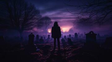 silhouette de homme dans cimetière à nuit, portant noir sweatshirt à capuche, mystérieux et dangereux scène. ai généré. photo