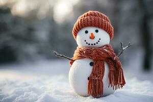 bonhomme de neige dans écharpe et chapeau, charbon boutons. glacial texturé détails cette rappeler vous de le joie de l'hiver. ai généré. photo