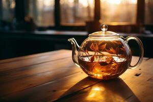 Aube lumière du soleil ruisseaux par une verre théière avec thé feuilles, permanent sur une en bois tableau, illustrant une paisible Matin rituel. photo