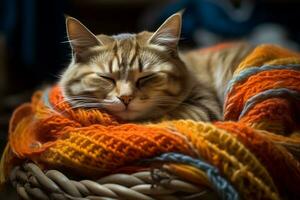 une chat recourbé en haut endormi sur un inachevé tricot projet. relaxation et paix concept. ai généré. photo