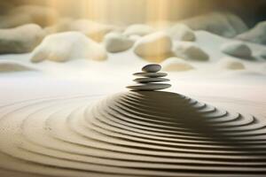 des pierres arrangé dans une Zen jardin, ratissé vagues dans le le sable - équilibre et la stabilité concept. ai généré. photo