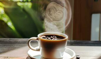 ai généré fermer vue de une tasse de Frais chaud latté café sur le en bois table dans le Matin. photo