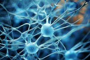 microscopique de neurone cerveau cellule réseau. interconnecté nerf cellules avec électrique impulsions. embrasé synapse. soins de santé concept. génératif ai. photo