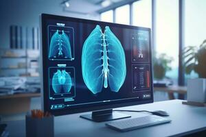 poumon radiographie image de patient sur ordinateur écran dans une hôpital laboratoire. médical et La technologie concept. génératif ai. photo