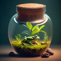 terrarium avec grenouille dans il, rendre, cinématique lumière ai produire photo